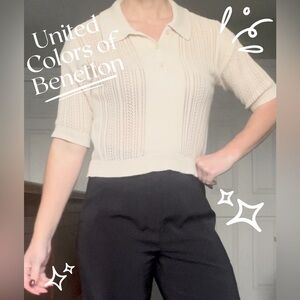 United Colors of Benetton Tan Open-Knit Short Sleeve Sweater 100% Cotton